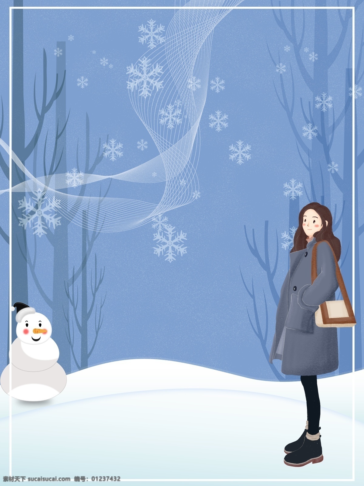 冬季 雪地 里 女孩 背景 蓝色 海报背景 背景素材 清新背景 小清新 雪花 雪人 下雪 时尚女孩 特邀背景 背景展板 水彩背景