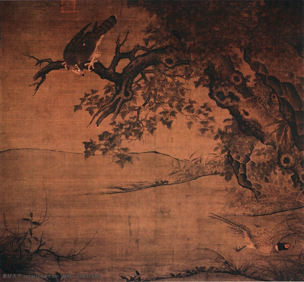 树枝 上 鸟 看着 野鸡 跑 古树 美术 艺术 中国画 装饰素材 室内装饰用图