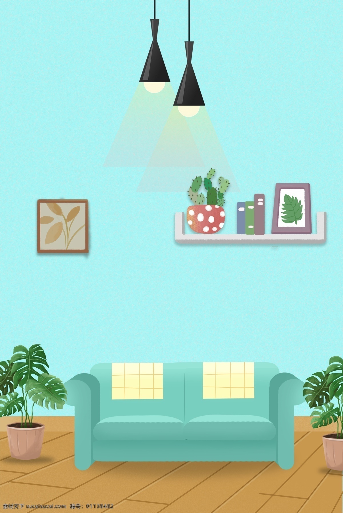 家装 创意 绿植 青色 背景 质感 沙发 画框 家居