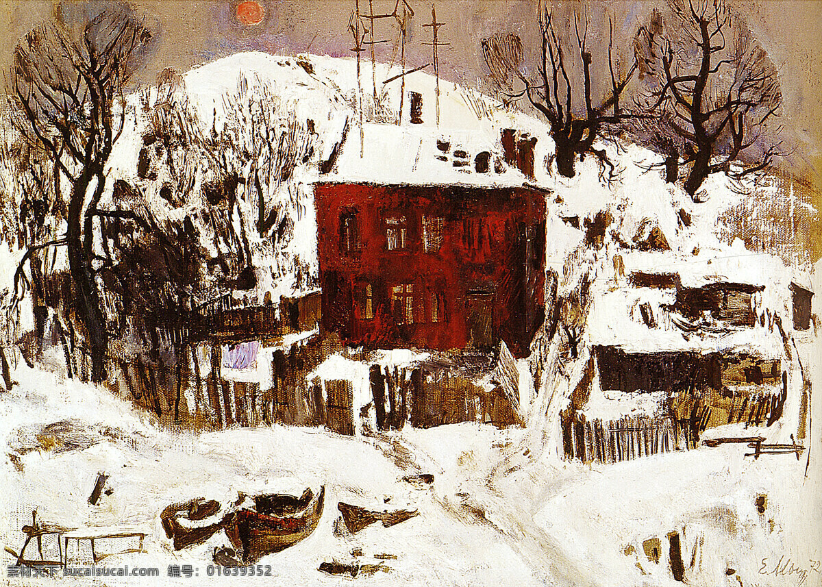 冬季 雪地 高清风景油画 油画 冬季雪地 装饰素材