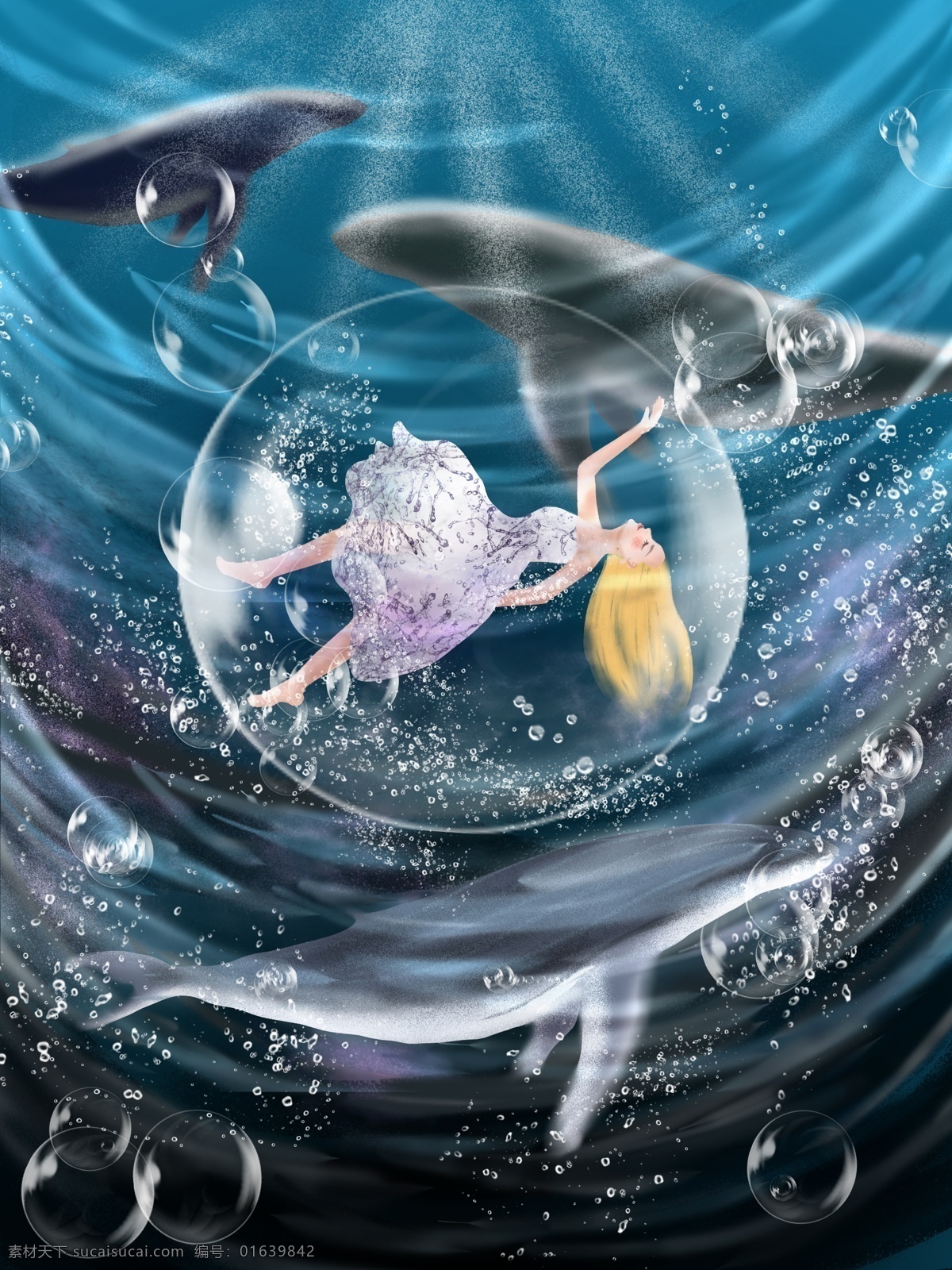 治愈 系 鲸鱼 女孩 唯美 插画 海底 气泡 光芒 清新 创意 治愈系 朋友圈配图 手机壁纸 电脑壁纸 插图 配图 微博配图 公众号配图 文章配图 原创 可爱 手绘 海报 早安 温馨 你好