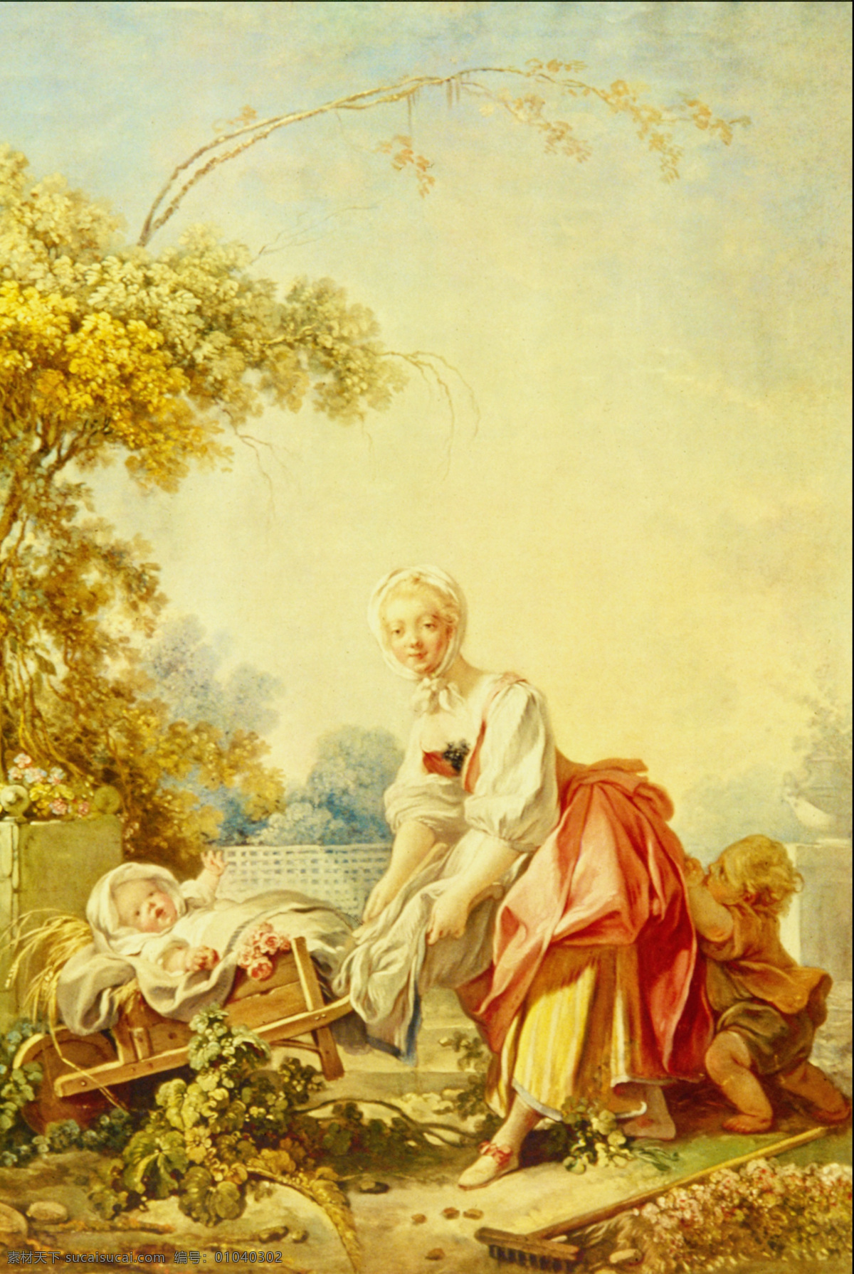 花草 绘画 绘画书法 女人 世界名画 设计素材 文化艺术 模板下载 油画 艺术 艺术品 少妇 婴儿 独轮车 小孩 头巾 家居装饰素材