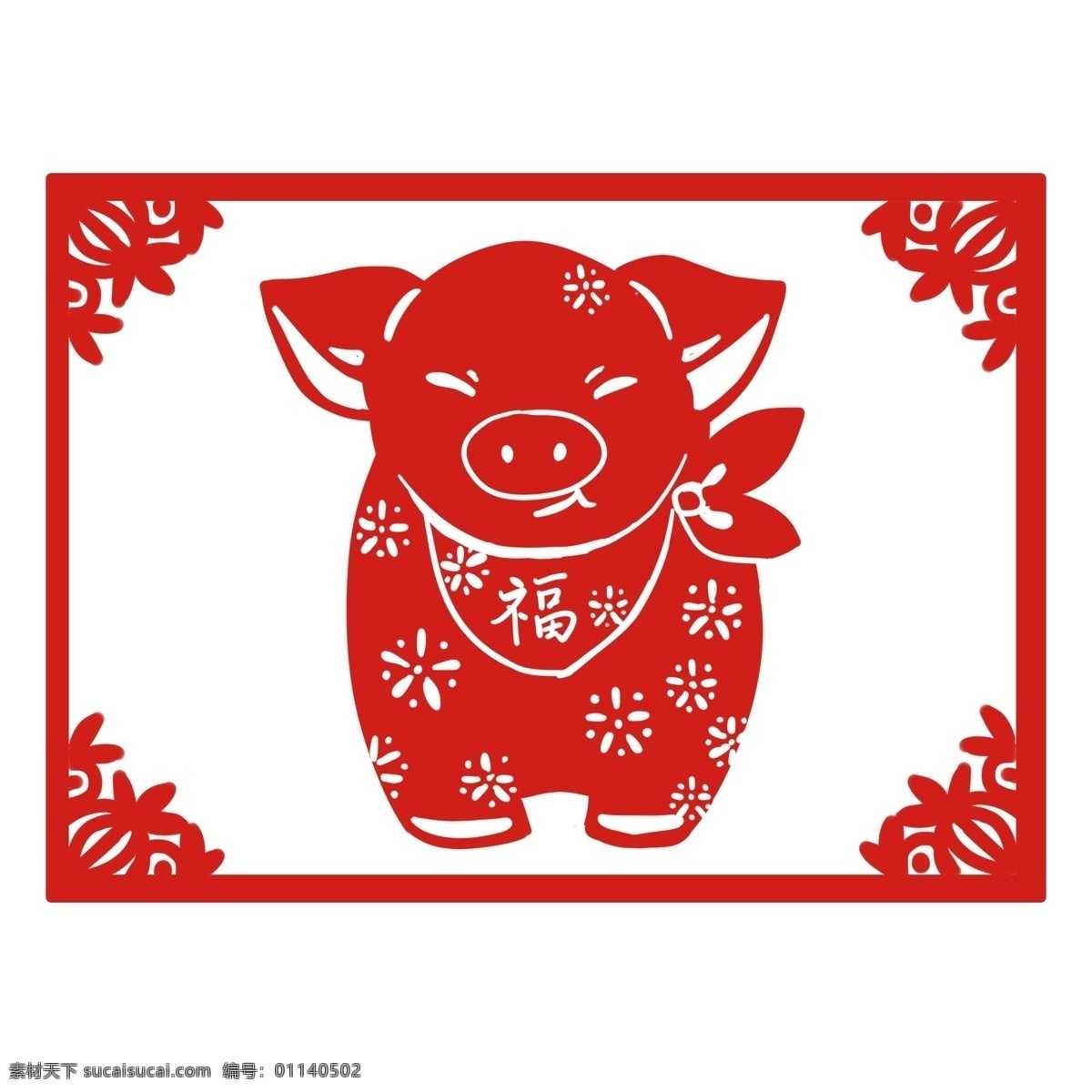 春节 猪年 传统 窗花 猪 红色 节日 中国风 新年 中国红