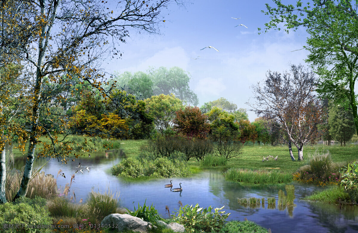 景观效果图 风景 湖水 树木 蓝天 色彩 室外 风景效果图 自然风光 自然景观