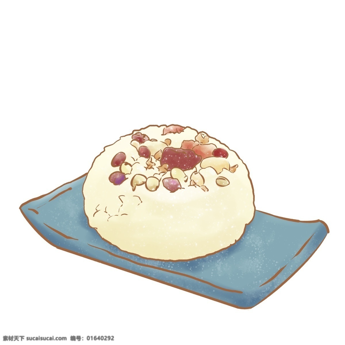 手绘 卡通 蒸糕 插画 红枣 葡萄干 花生米 食物 玉米发糕 手绘蒸糕 卡通蒸糕插画 美味的蒸糕 蓝色的盘子 一盘糕点