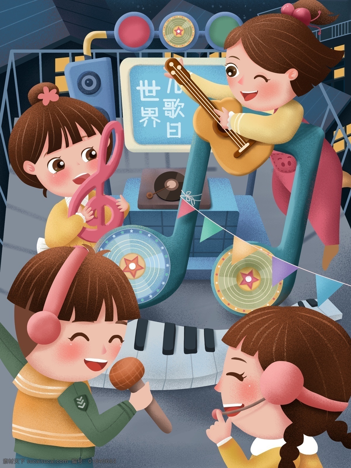 原创 手绘 插画 世界 儿歌 日 儿歌日 世界儿歌日 儿童 孩童 卡通 唱歌 音符 夜晚 手绘插画