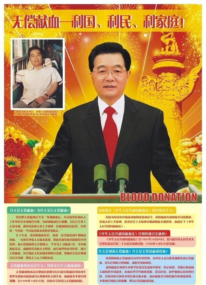 胡 主席 无偿献血 海报 胡主席 华表 主席讲话 胡锦涛 献血 说明 利国 利民 利家庭 矢量