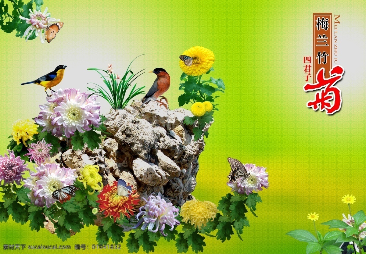 原创 梅兰 竹 菊 主题 梅兰竹菊 四君子 菊花 菊叶 花鸟 小鸟 蝴蝶 假山 石头 源文件库 分层