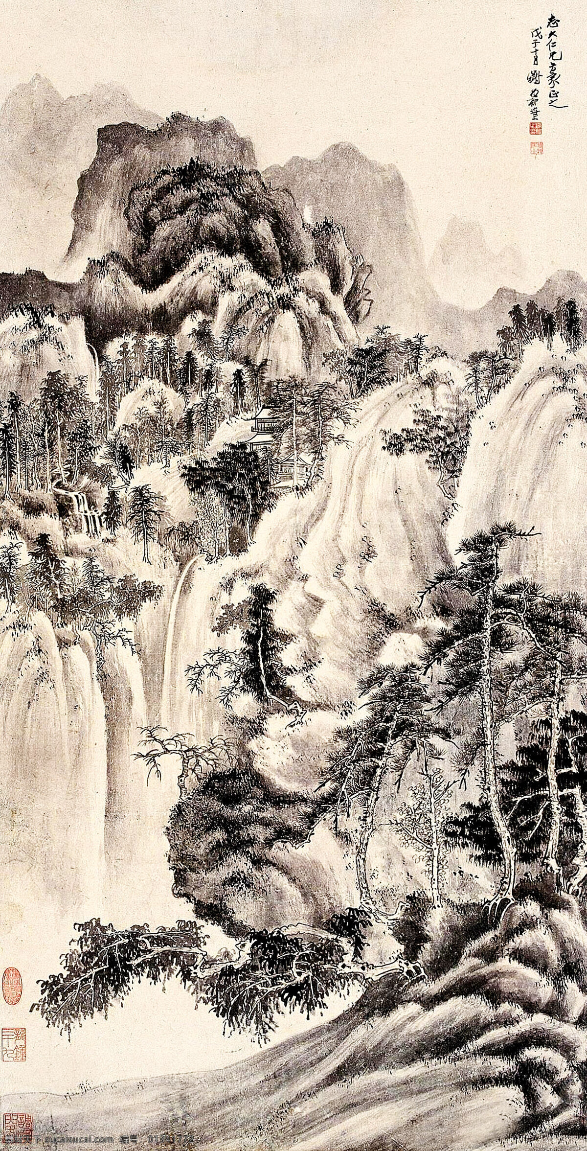 彩墨画 房屋 国画 国画艺术 绘画书法 美术 山峰 山岭 潇湘雨过 水墨画 谢稚柳国画 云雾 树木 书法 印章 国画山水专辑 文化艺术 装饰素材 雕刻 图案