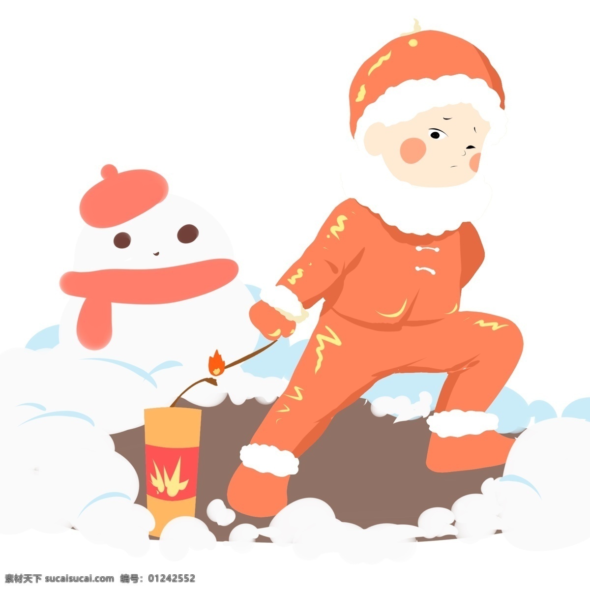 手绘 放炮 仗 男孩 插画 春节 元旦 手绘人物 红色 雪人 新年 2019年 放炮仗 男孩插画 围巾 烟花爆竹