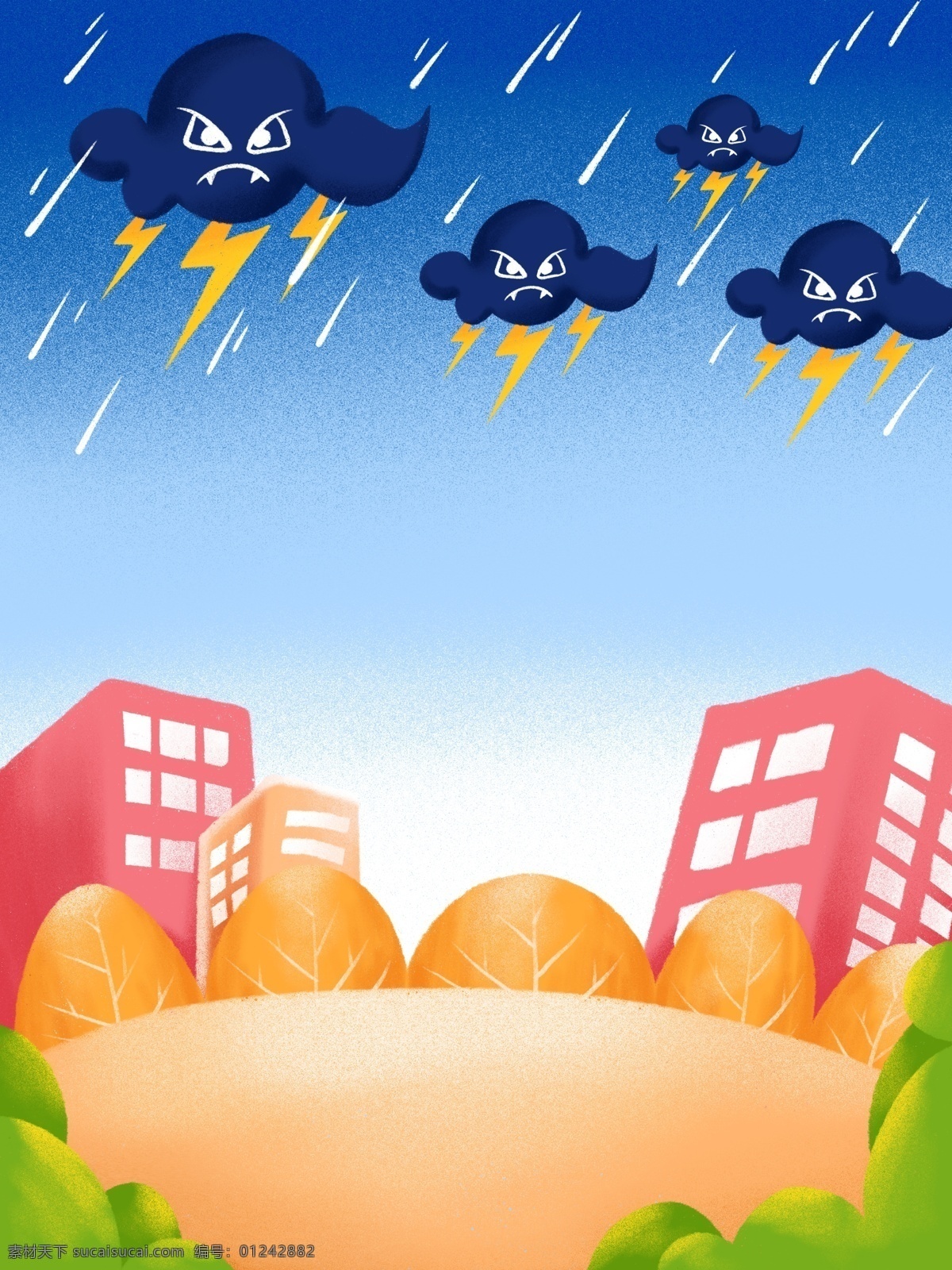 手绘 城市 雷雨 背景 小鸟 建筑 广告背景 背景图 创意 下雨 背景设计 彩绘背景 psd背景 特邀背景