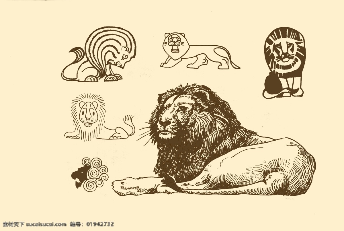 动物图案 狮子 卡通 动物 纹样 图案 白描 简笔画 儿童画 野兽 分层 源文件