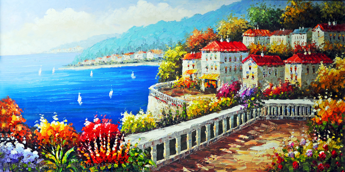 油画 地中海 绘画 绘画书法 墙绘 文化艺术 鲜花 装饰画 装饰素材