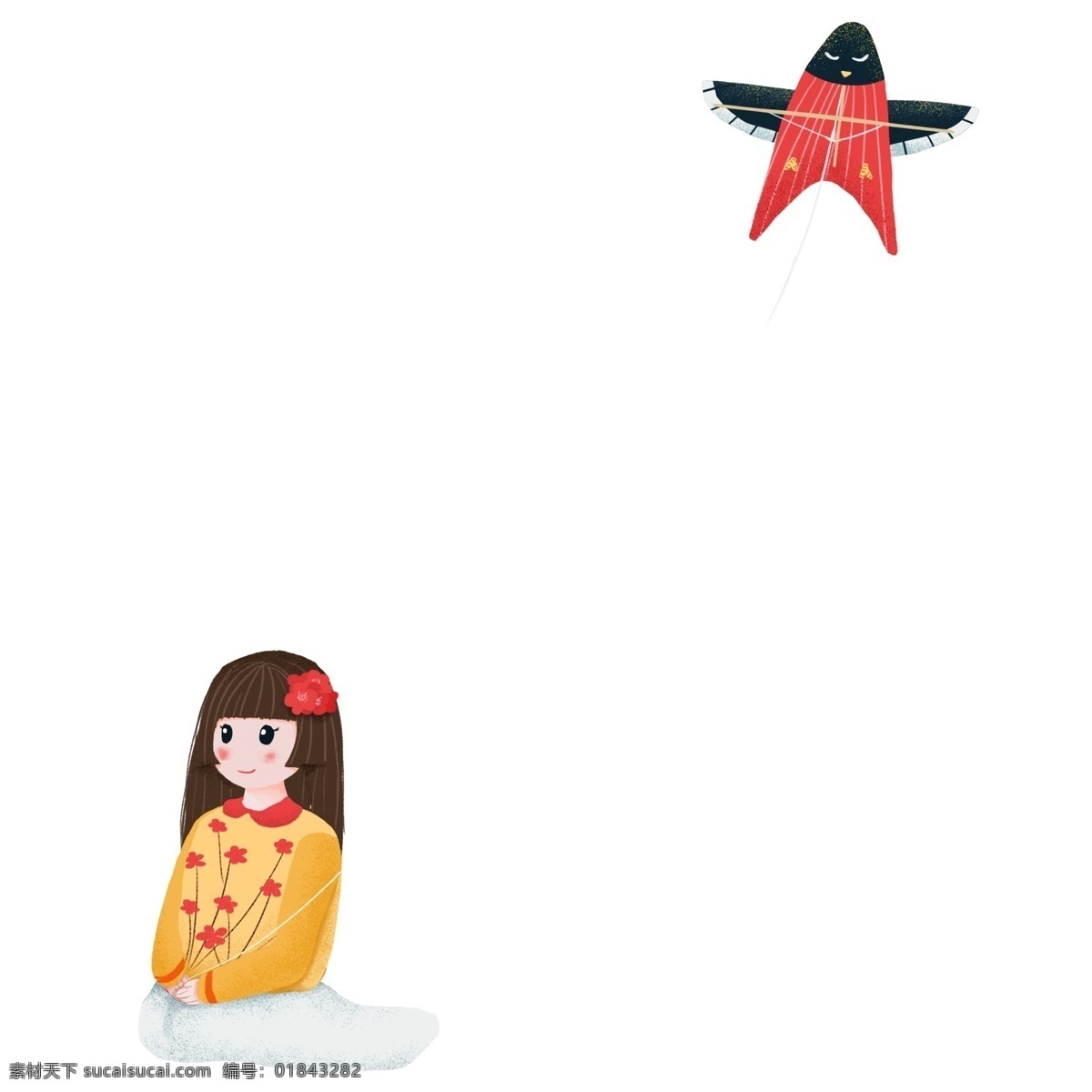 卡通 清新 放 纸鸢 女孩 插画 人物 女生 放风筝 春分