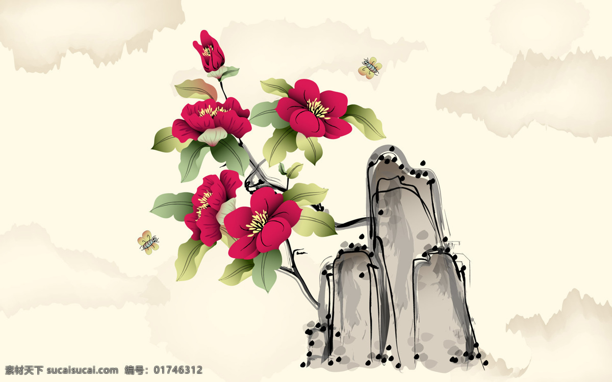 山上 花卉 背景 壁纸 底图 工笔 工笔画 国画 中国画 桌面壁纸 山上的花卉 装饰素材 室内装饰用图