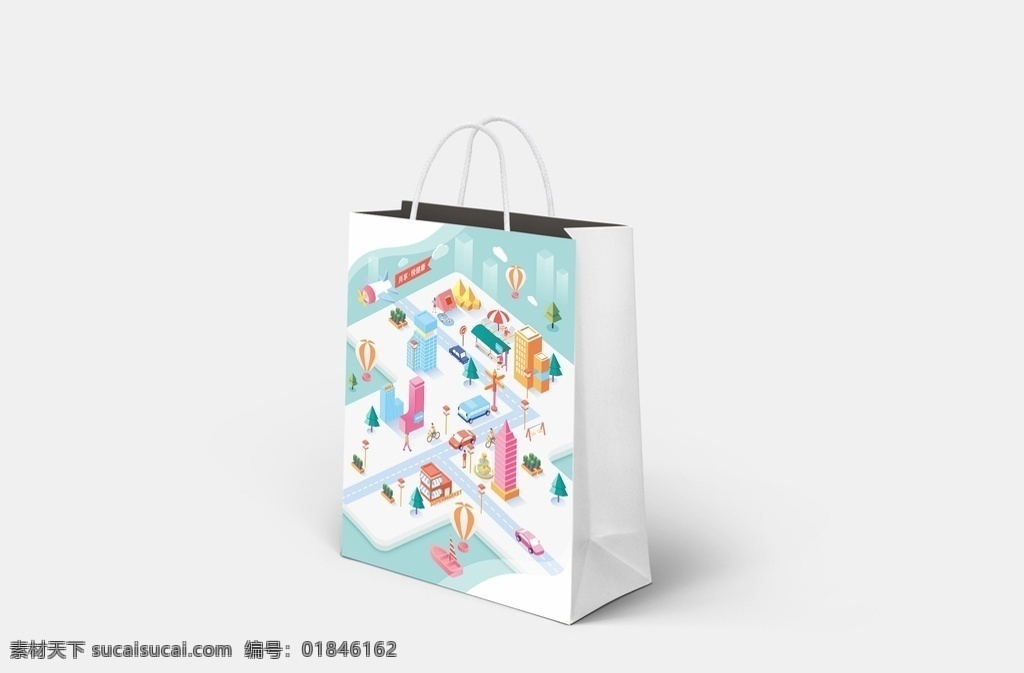 礼品袋 包装设计 25d 城市 3d 虚拟城市 街道 袋子 白色 高楼 商店 手机 生活 手绘 插画 动画 平面 食物