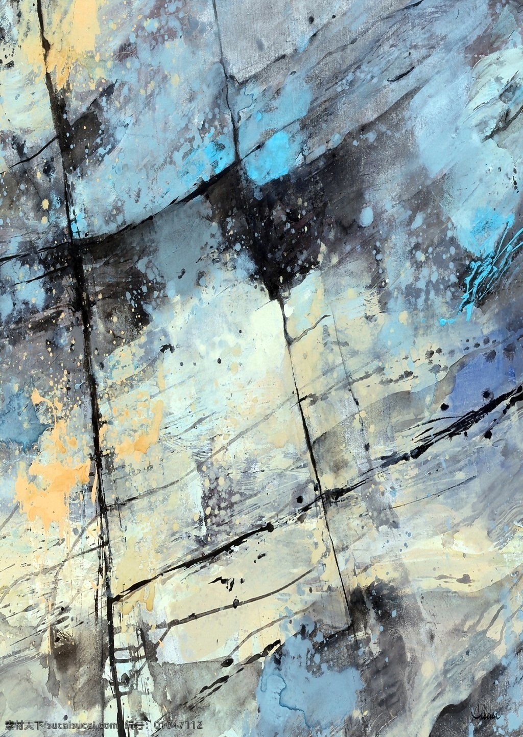 手绘 彩色 树叶 水滴 河水 清澈 抽象 装饰画 彩绘 蓝色
