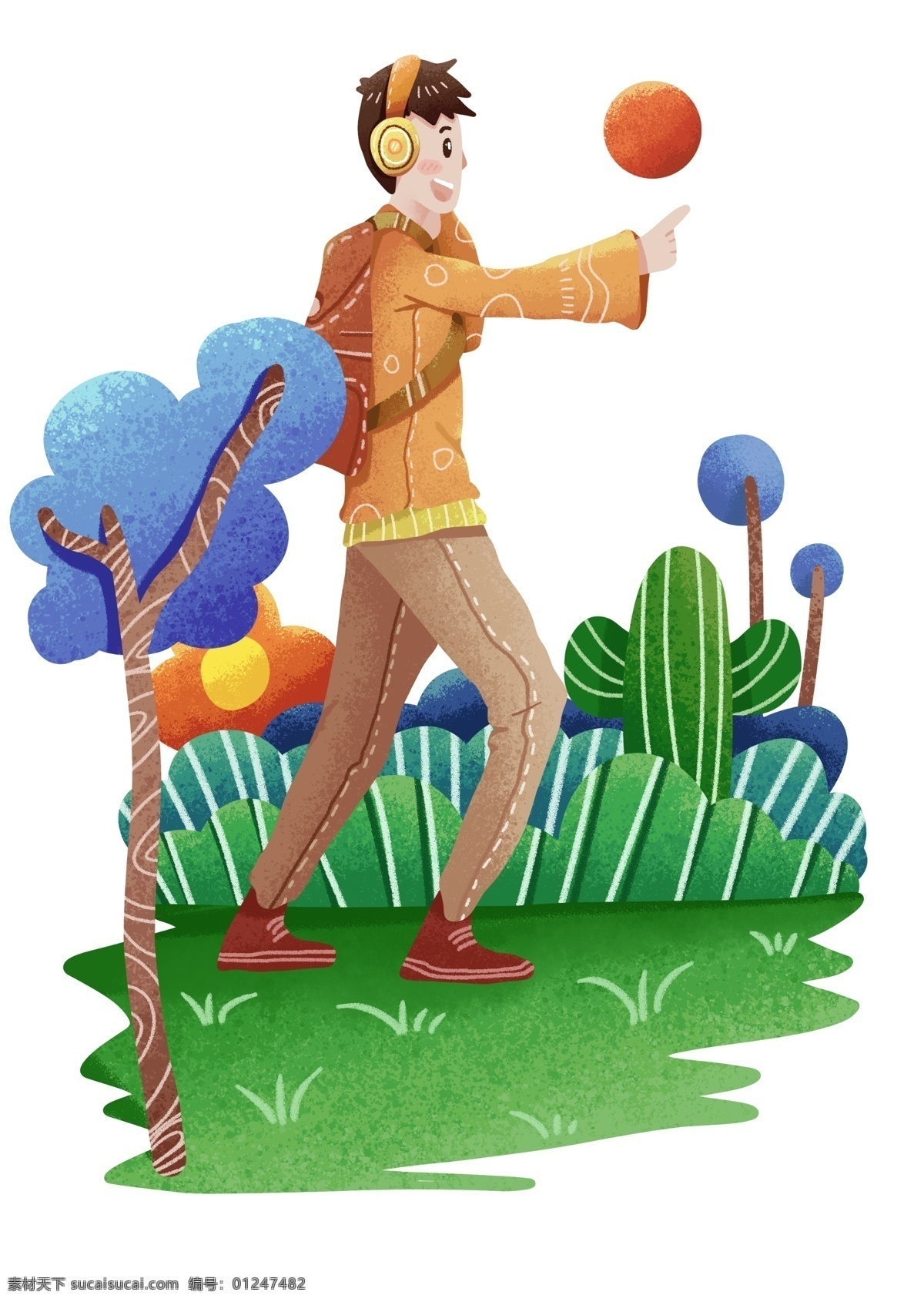 春游 踏青 听 音乐 插画 听音乐男孩 卡通插画 春游插画 踏青插画 旅游郊游 外出游玩 帅气的男孩