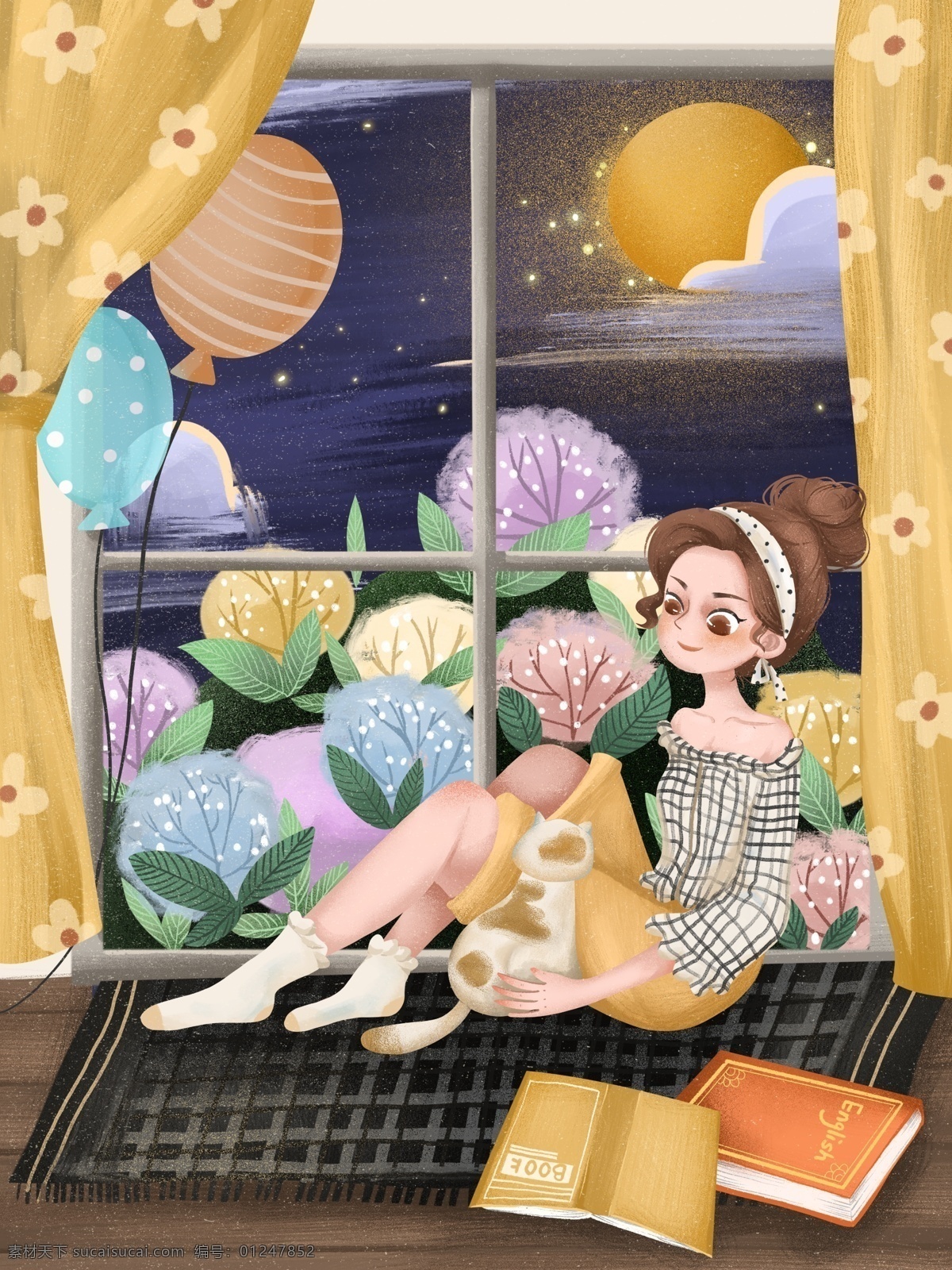 青年节 女孩 夜晚 逗 猫 看书 可爱 插画 温馨 花卉 房间 少女 唯美 宠物