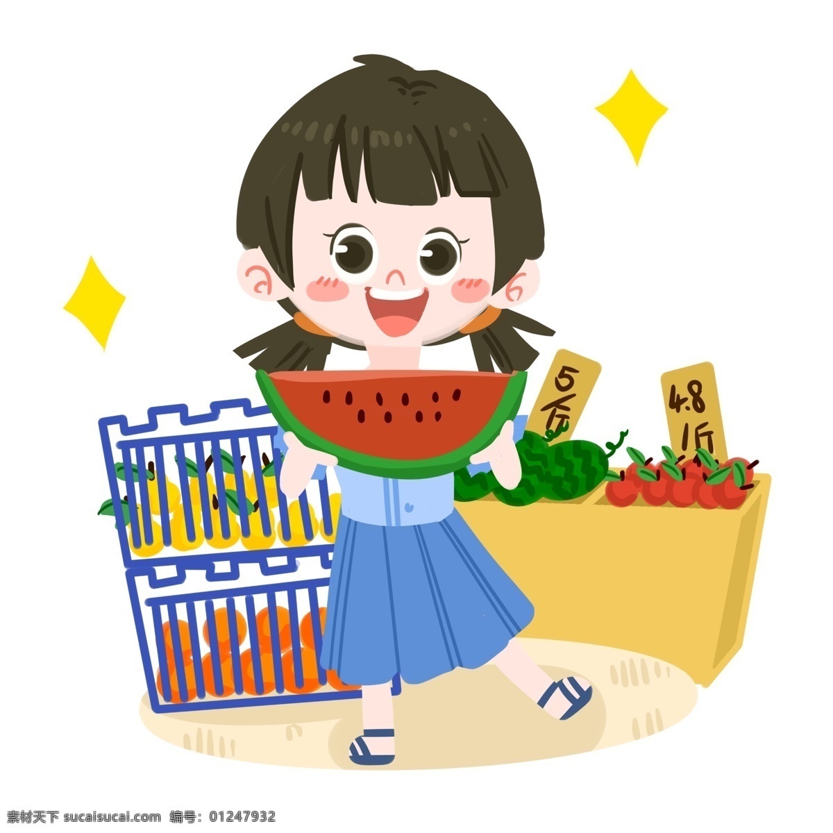 夏日 卡通 女孩 吃 西瓜 双马尾 吃西瓜 水果店 篮子 星星
