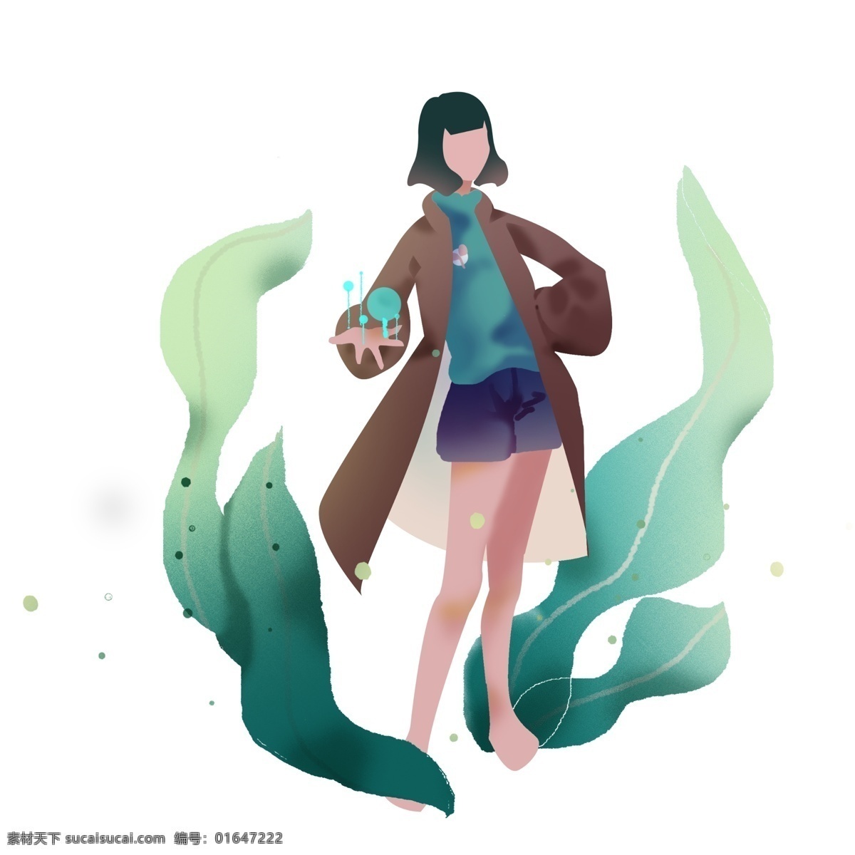 春季 发芽 小女孩 插画 人物 漂亮的小女孩 绿色的叶子 植物装饰 卡通人物 绿色的嫩芽
