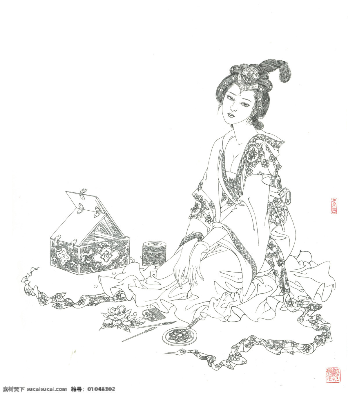 白描古装美人 白描美人 古装美人 古装美女 白描人物 白描 国画 仕女图 美人 文化艺术 传统文化