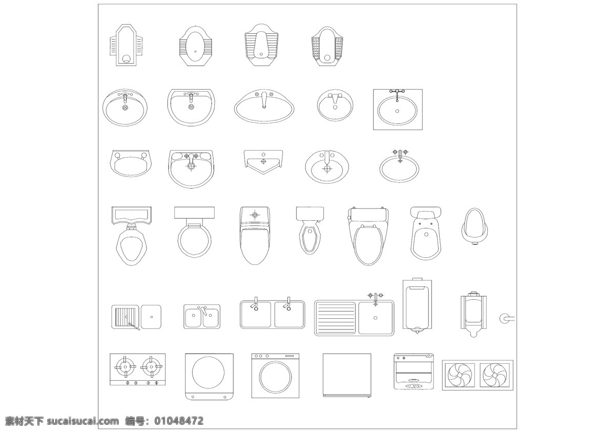 卫具免费下载 厕所 水池 水龙头 卫具矢量图 装修装饿图 cad线图 厨灶 蹲便池 坐便池 洗浴盆 其他矢量图