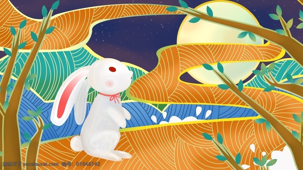 流光溢彩 萌 宠 云 上 小 兔子 夜晚 插画 壁纸 萌宠