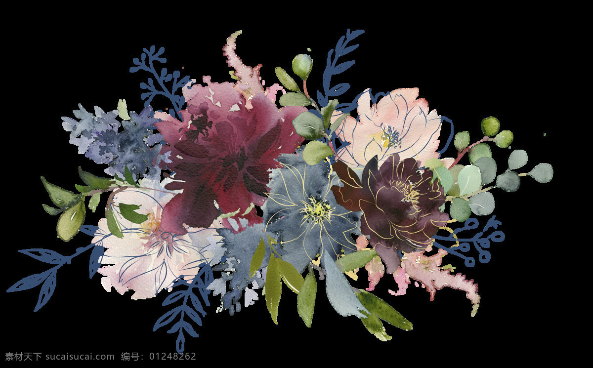 手绘植物 组合花朵 婚礼素材 森系清新花朵 手绘花朵 组合花卉 水彩植物