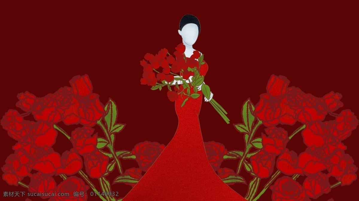 原创 插画 玫瑰花 从中 旗袍 女生 手机用图 微信用图 旗袍女生