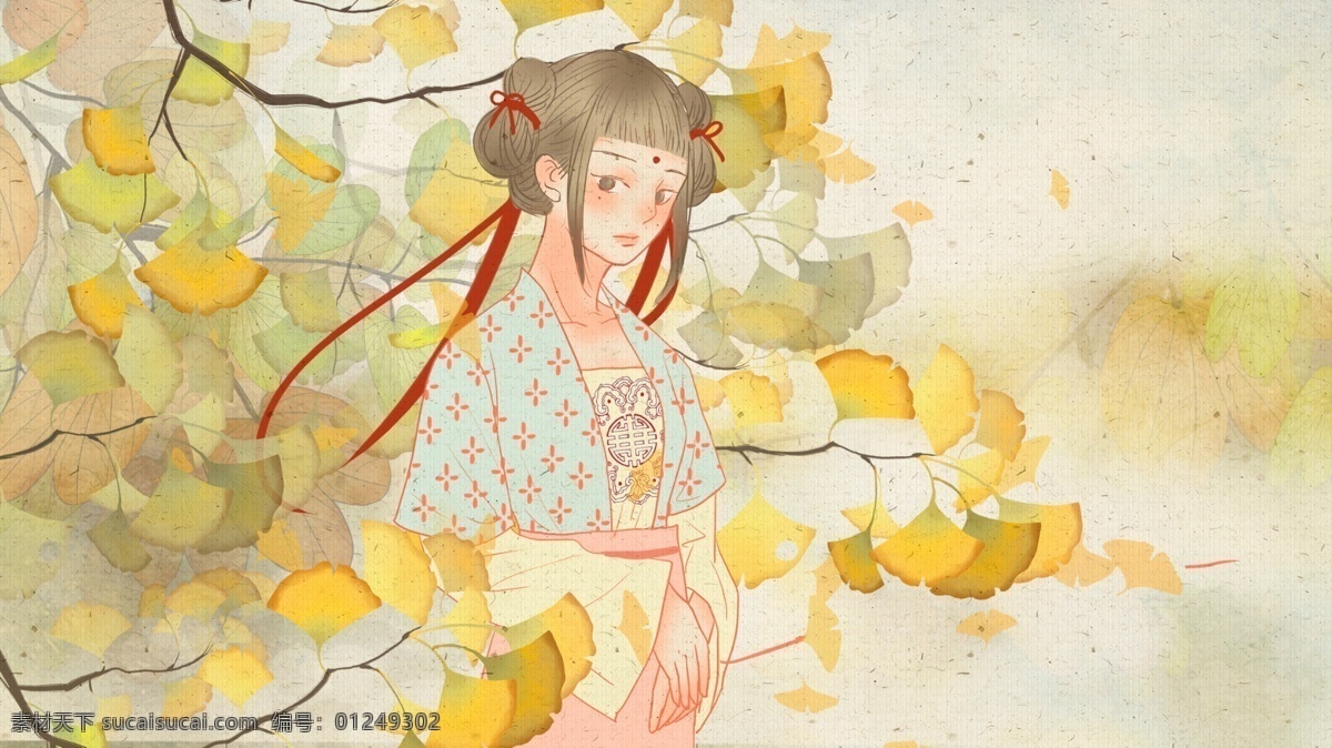 中国 风 银杏 树下 古风 少女 中国风 复古 插画 纹理 壁纸 银杏树 古风人物 古风少女