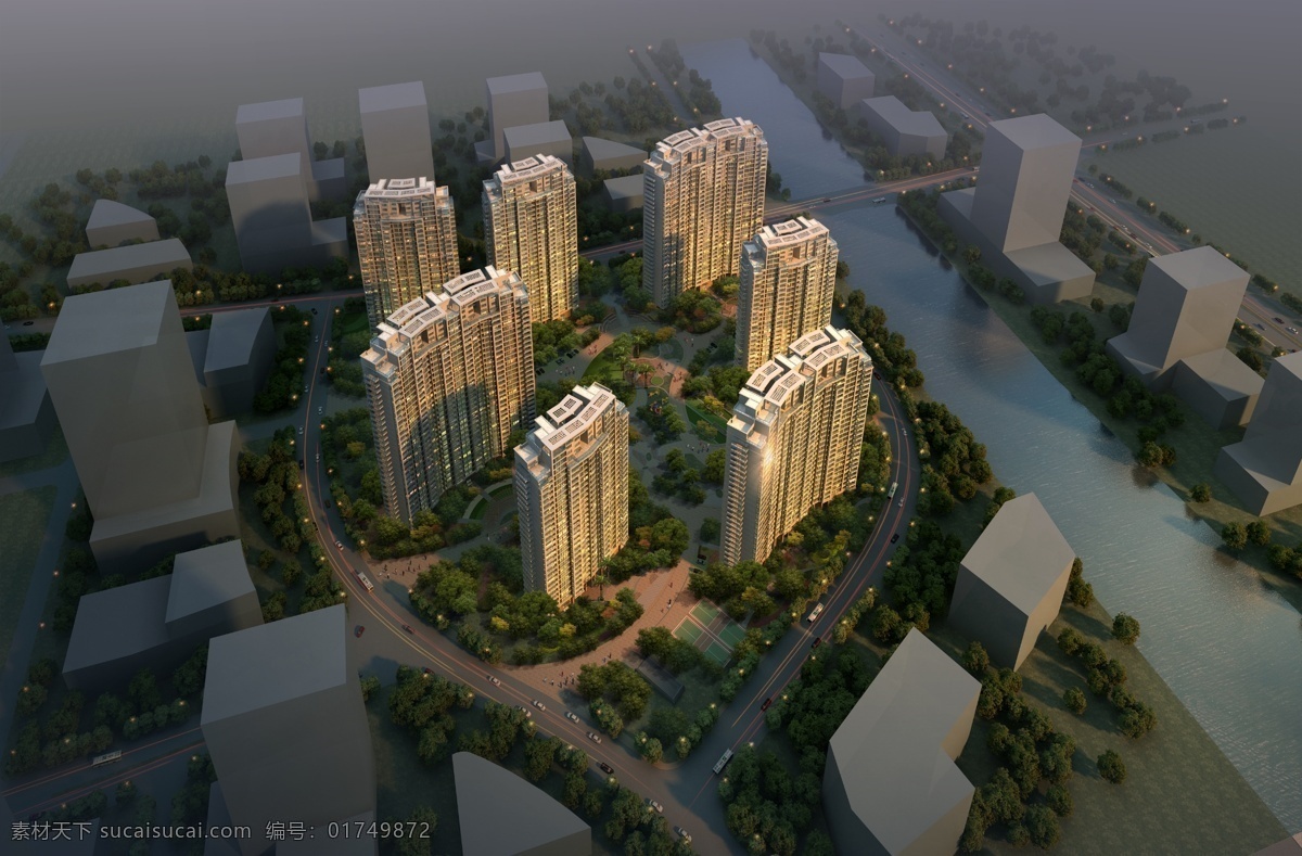 汇 景 新区 鸟瞰图 人物 汽车 马路 房屋 建筑物 草地 树木 河流 路灯 环境设计 景观设计 黑色