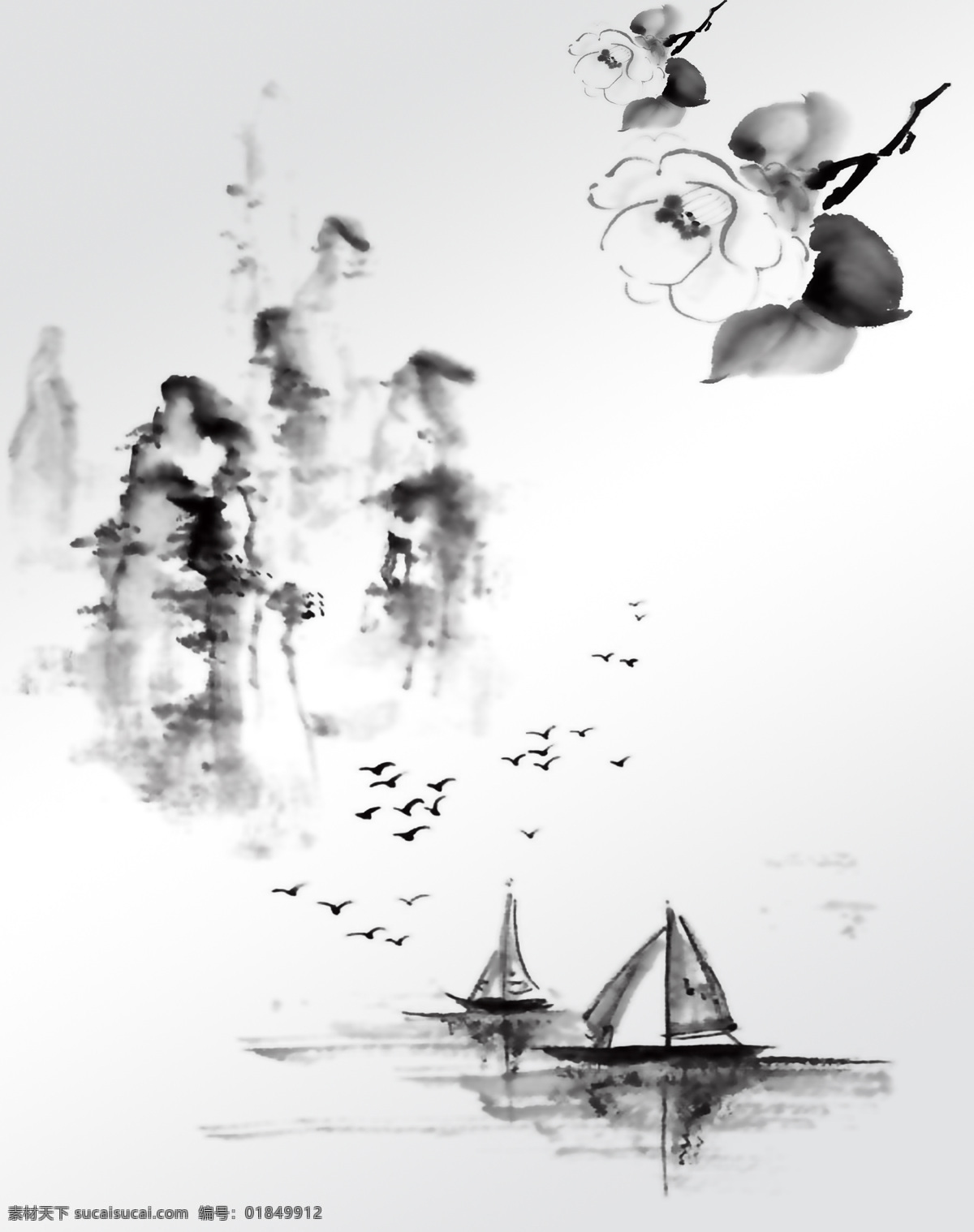 江畔 小船 山水画 水墨画 桃花 大雁 移门图 绘画书法 文化艺术