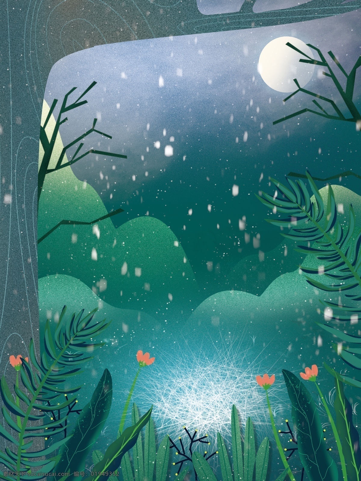 手绘 治愈 系 夜晚 树林 插画 背景 景色插画背景 手绘背景 森系背景 树林背景 树叶背景 绿色背景 治愈系背景