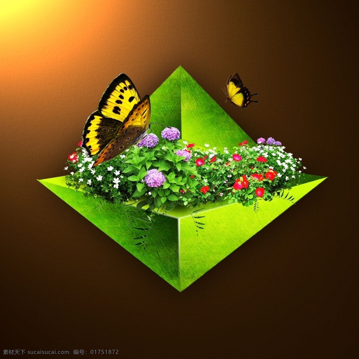 蝴蝶 花 草 绿色 三角 三角锥 梦幻 场景 立体 植物 方块 阳光 光影 透视 分层 源文件 黑色