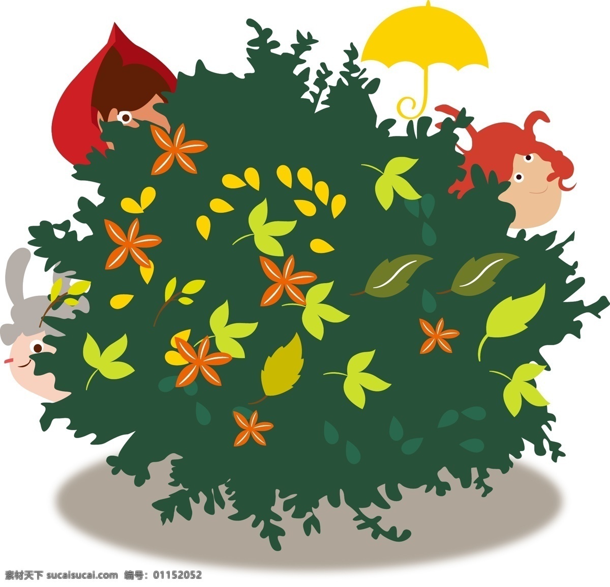 矢量 卡通 手绘 灌木 树木 树叶 女孩 躲猫猫 雨伞 黄色 红色 绿色 扁平化 植物