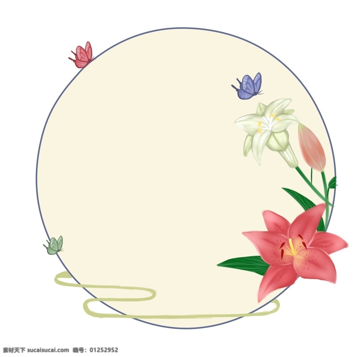 厚 涂 百合花 边框 元素 厚涂 香水百合 蝴蝶 手绘 可爱 清新 月牙白 花 粉红色百合花 白色百合花