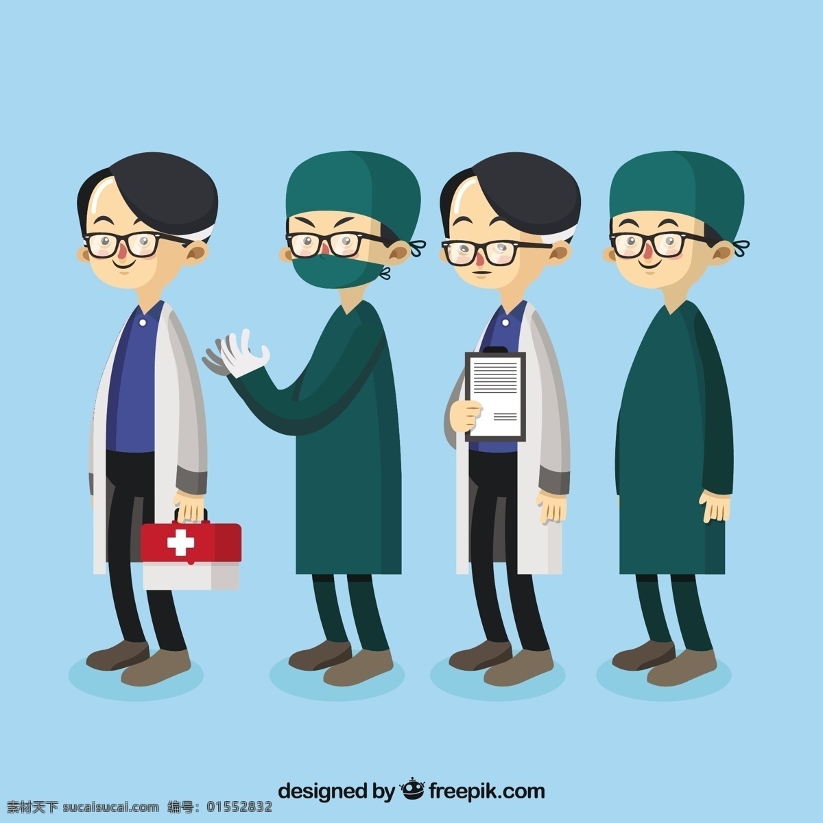 医生 外科 一起 戴 眼镜 医疗 人 卡通 健康 科学 微笑 快乐 医院 平板 医药 帽子 面具 白色 平面设计 实验室 护理