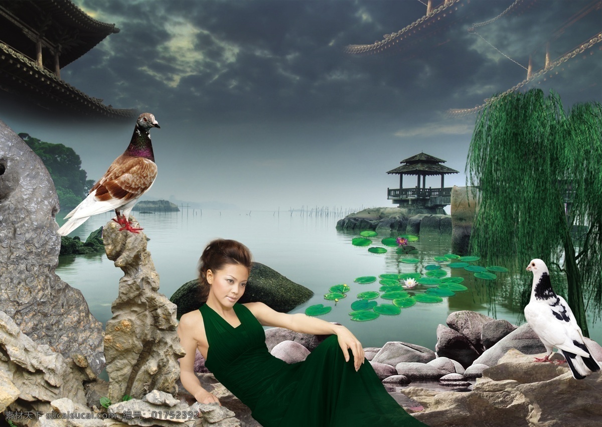 风景图片 分层 风景 鸽子 荷花 荷塘 景色 柳树 美景 美女 女性 人物 云层 自然 水 清新 源文件库 psd源文件
