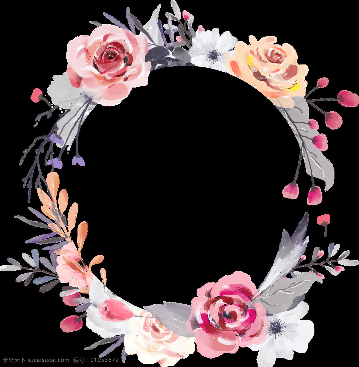 手绘 梦幻 花环 透明 淡雅 粉红色 玫瑰花 免扣素材 水彩 透明素材 叶子 装饰图案