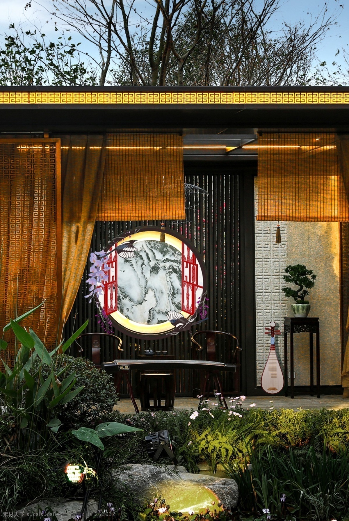 高端 中式 建筑 海报 banner 背景 psd源文件 淘宝 天猫 海报背景 庭院 树木 开心