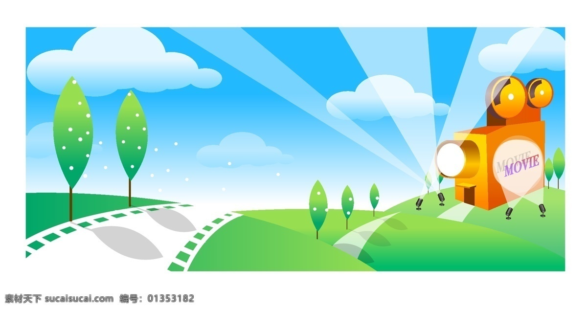 卡通 矢量 背景 灯 动漫素材 蓝天白云 矢量素材 树 小草 矢量图 其他矢量图