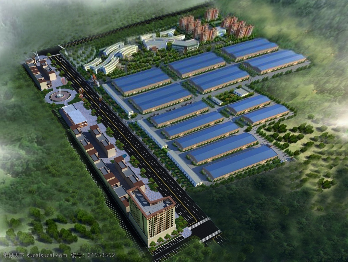 绿色 厂房 生产 园区 商业街 效果 建筑装饰 建筑设计 效果图 室外素材 商业街设计 园区厂房 商业街效果 室外效果表现