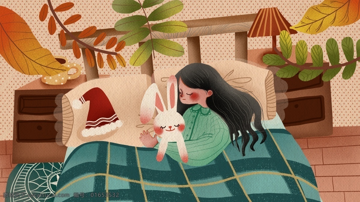 晚安 你好 女孩 抱 玩具 兔子 睡觉 温馨 可爱 插画 少女 房间 甜美 晚安你好