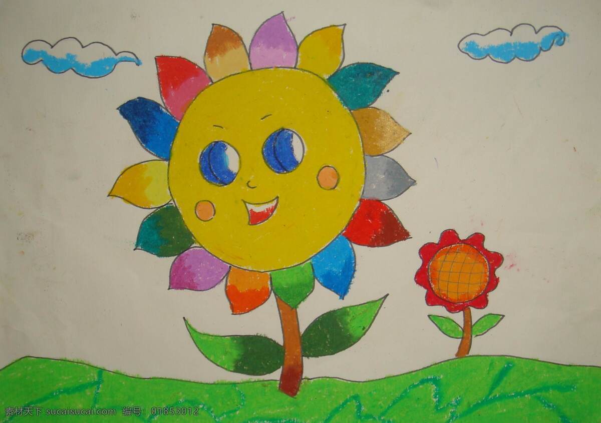 油画棒画 太阳花笑脸 向日葵 云朵 绿草地 美术绘画 文化艺术