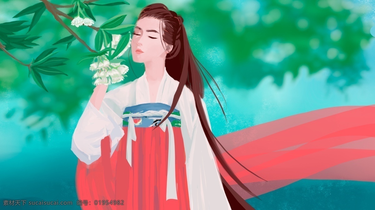 红衣仙子 古风人物 长发飘飘 花朵 闻花 汉服 美女香花