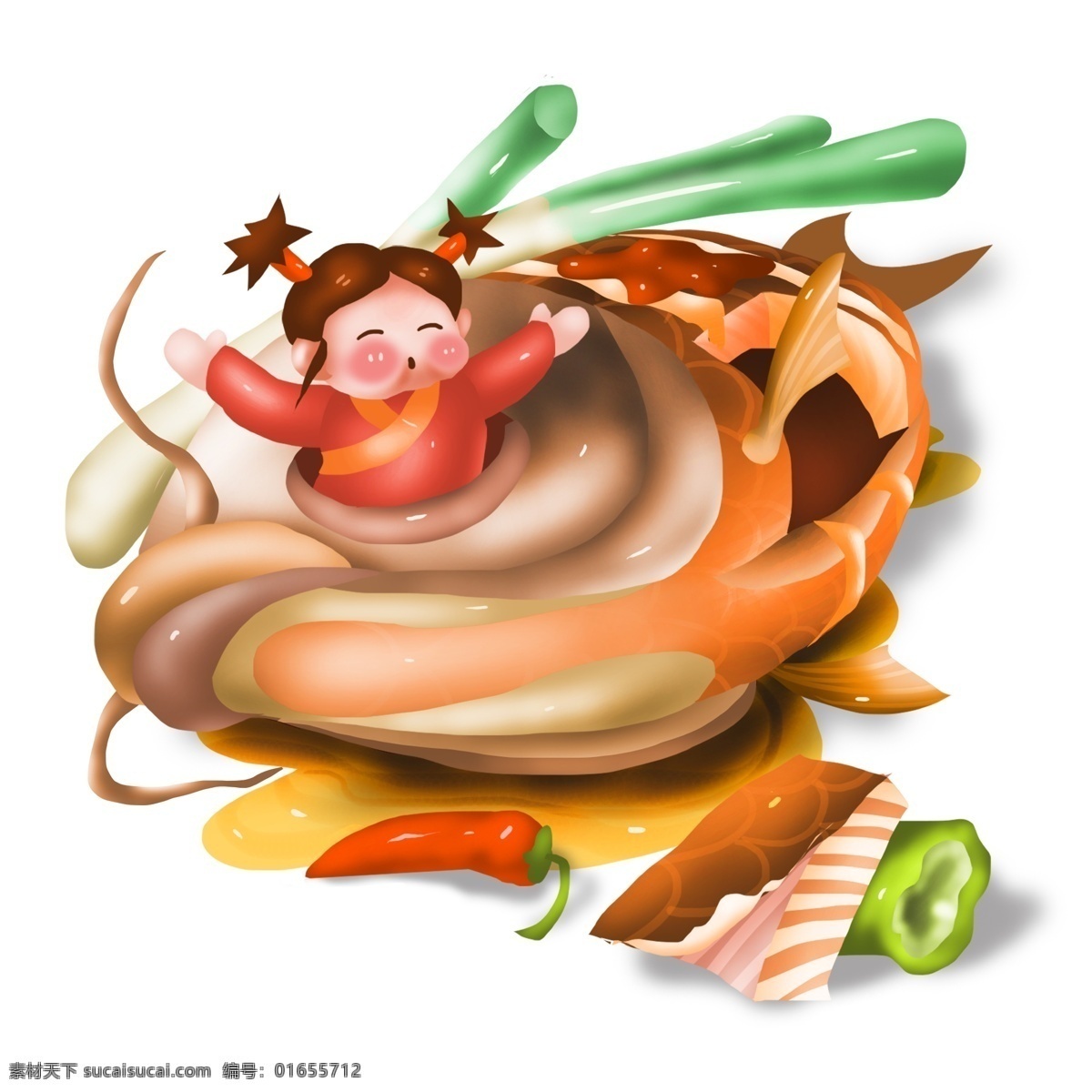 商用 高清 手绘 美食 烤鱼 卡通 食物 可商用