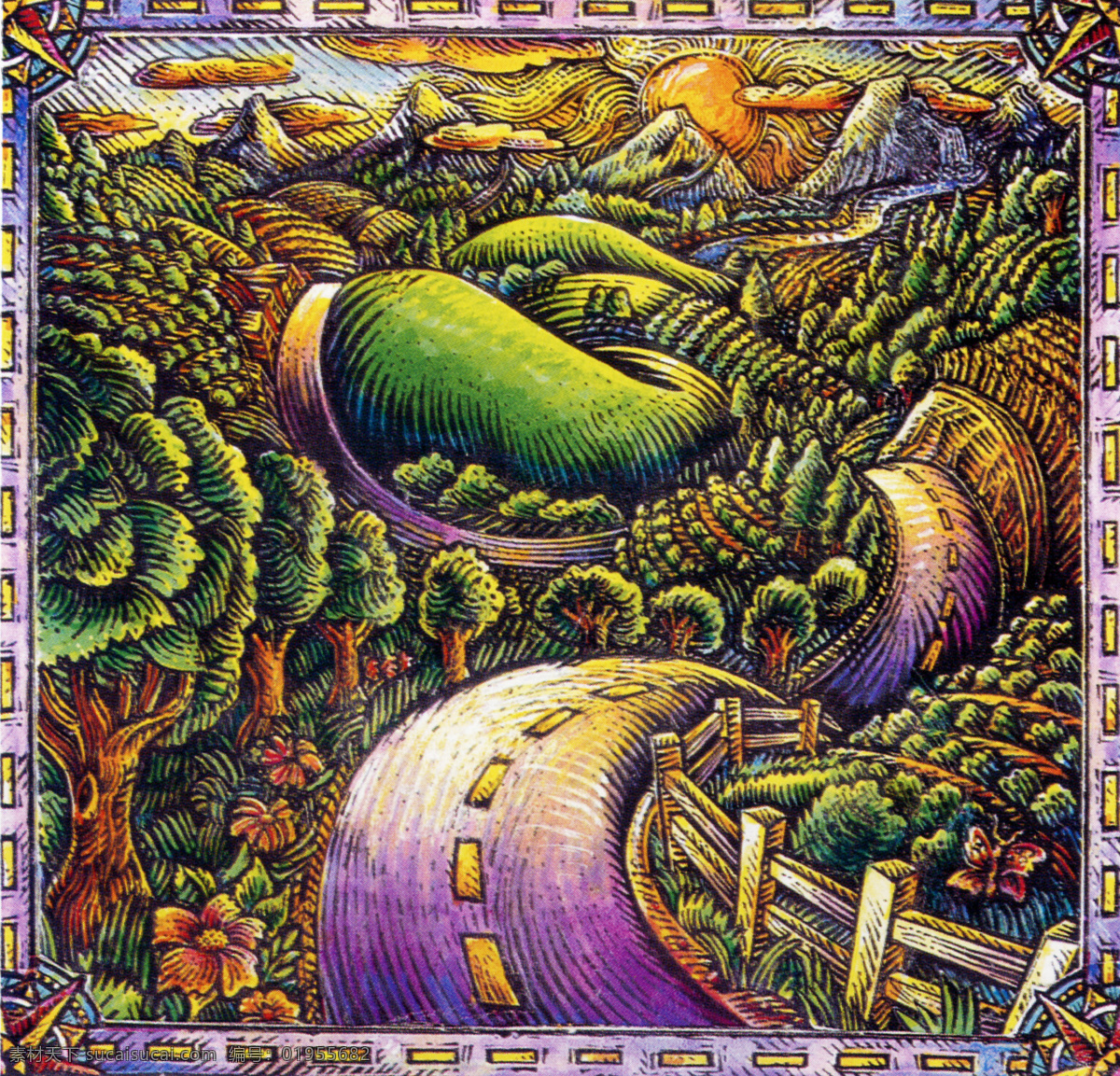 国外 插画 风景 公路 国外插画 华丽 绘画书法 篱笆 山坡 乡间 树 太阳 文化艺术 插画集