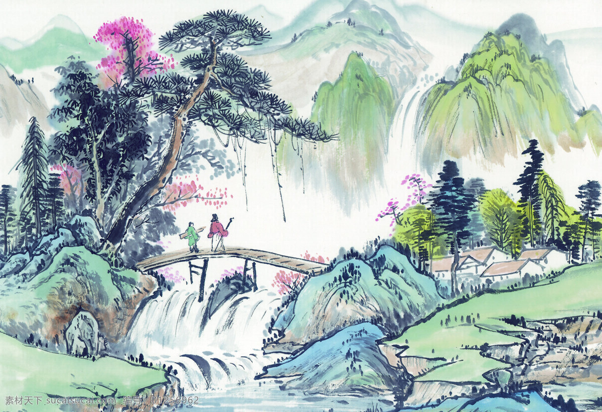 中国 国画 篇 山河 山 水 小桥 行人 松 水墨 山水 文化艺术 绘画书法