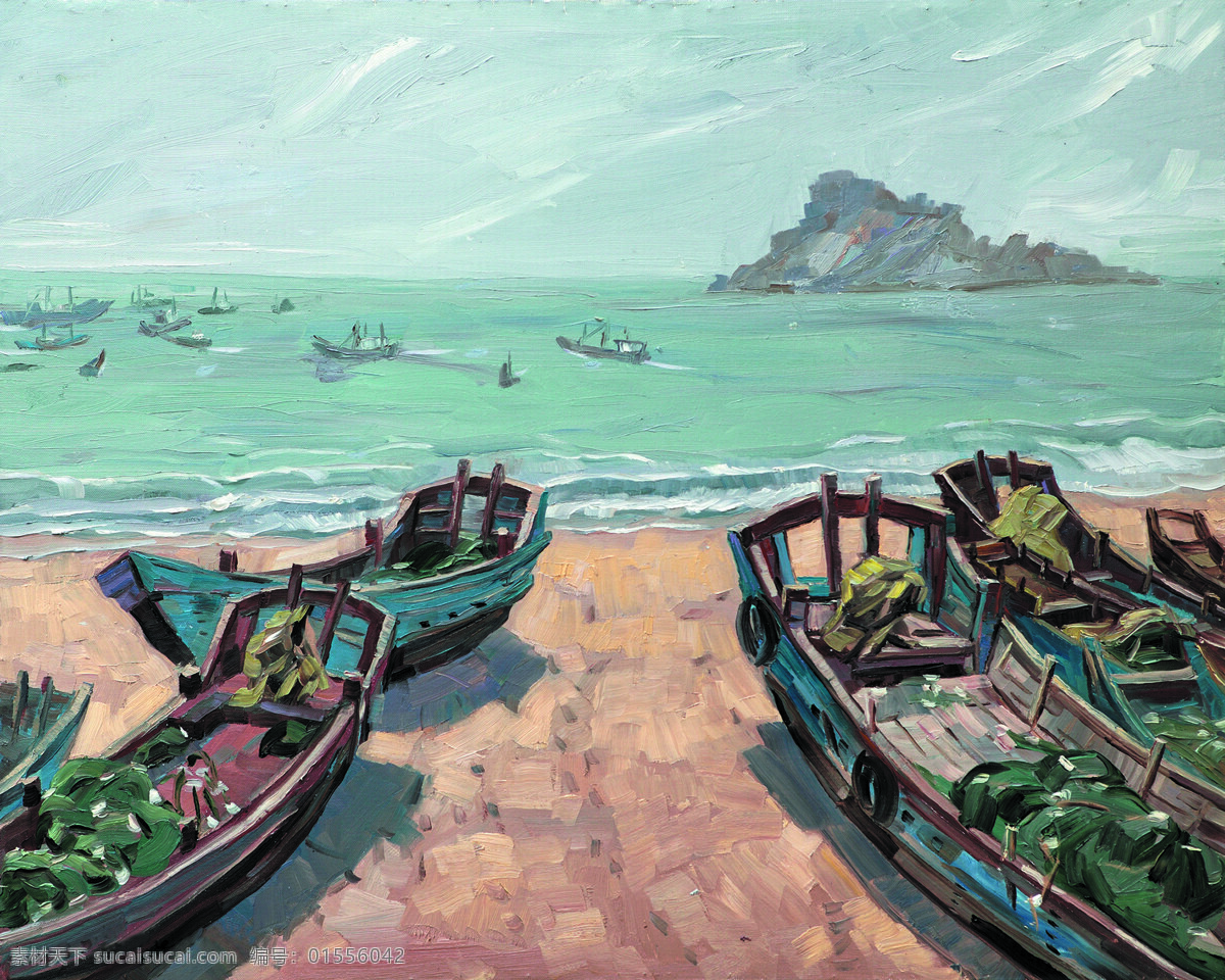 舟山枸杞岛 美术 油画 风景 海湾 船只 渔船 海岛 油画作品85 文化艺术 绘画书法
